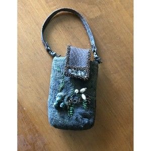 Mary Frances Mini Handbag Dark Green Shag w/ Beads, Makeup or Flip Phone Size